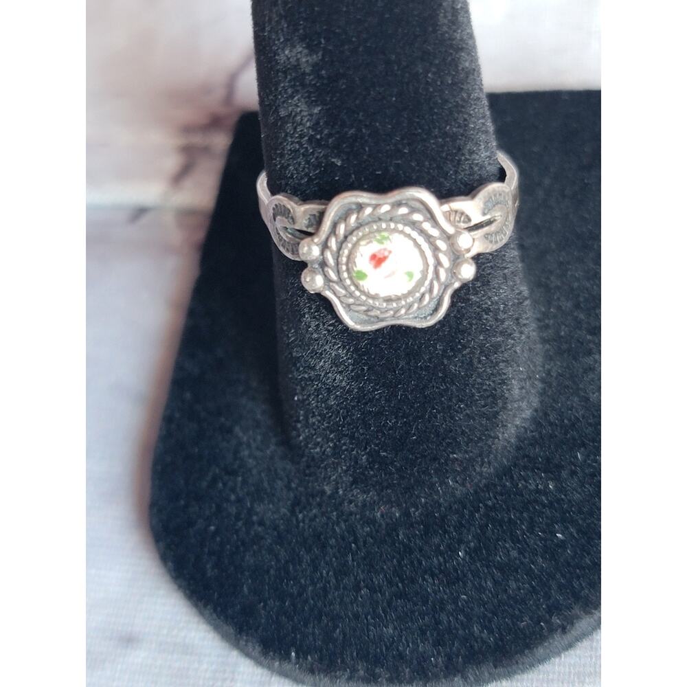 Vintage Sterling Silver Guilloche Ring Enamel Pink Roses No Makers Mark Size 6.5